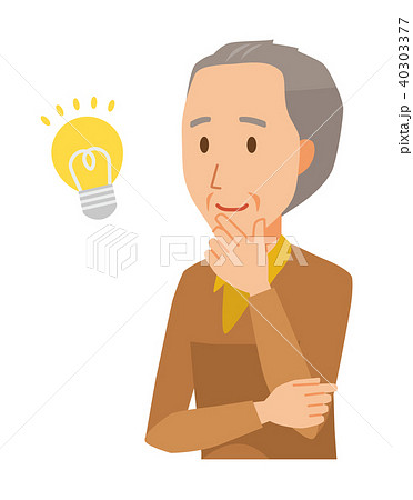 茶色い服を着た高齢男性がアイデアを思いついたのイラスト素材