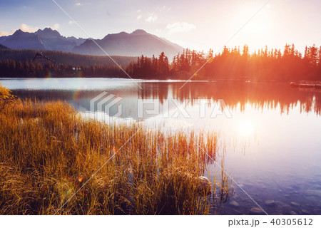Majestic mountain lake in National Park High Tatra. Strbske pleso, Slovakia, Europe. 40305612