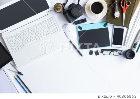 Top view of an desk office table. White office des 40306955