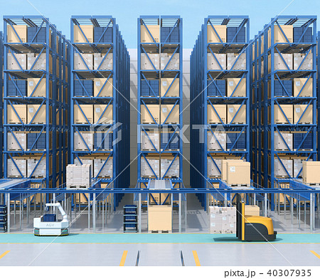 大型自動物流センターのインテリアイメージ。AGV無人搬送車、無人運転フォークリフトによる効率化 大型自動物流センターのインテリアイメージ。AGV無人搬送車、無人運転フォークリフトによる効率化 40307935