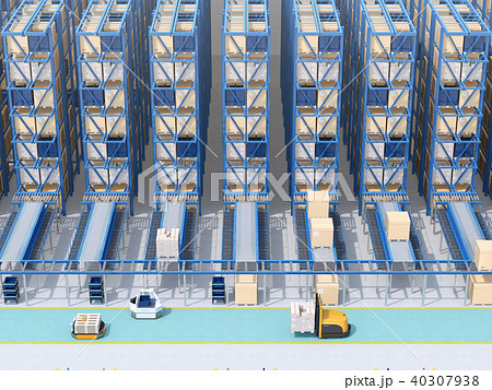 大型自動物流センターのインテリアイメージ Agv無人搬送車 無人運転フォークリフトによる効率化のイラスト素材