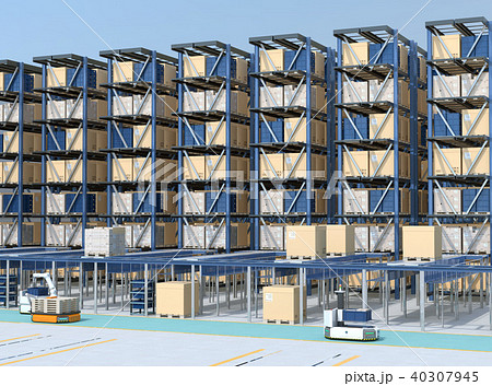 大型自動物流センターのインテリアイメージ Agv無人搬送車 無人運転フォークリフトによる効率化のイラスト素材