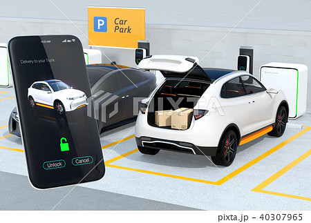 スマホの専用アプリで車のトランクを開け、車内配達サービスを行う。ラストワンマイルのコンセプト 40307965