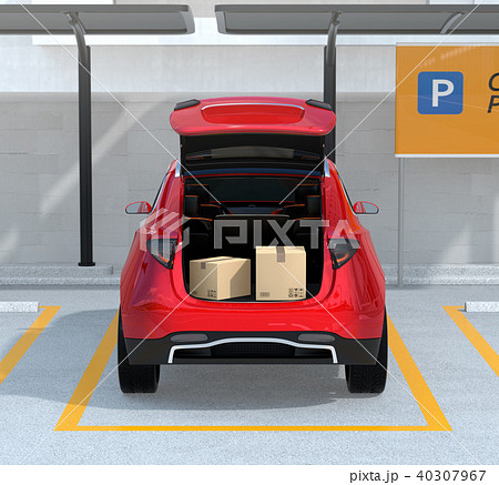 駐車中のsuvのトランクが開けられ 車内配達サービスの準備を行う ラストワンマイルコンセプトのイラスト素材