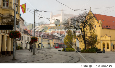 Early morning in center of Bratislava with tramline 40308239