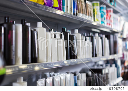 Shelves with hair care products in a cosmetics showroom 40308705
