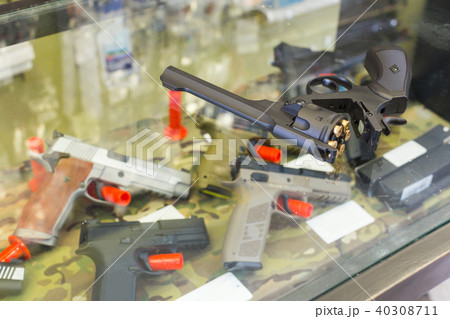weapon on the glass table in army shop weapon on the glass table in army shop 40308711