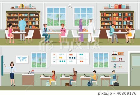 Academic Students At The Library And Teacher のイラスト素材