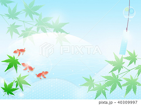 涼しげな青紅葉と金魚 風鈴 夏イメージのイラスト素材