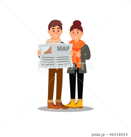 Young guy and girl looking at map. Couple of tourists on vacation. Family traveling. Flat vector 40316024