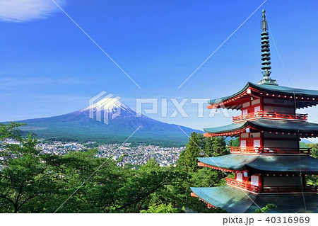 山梨県　五重塔と新緑の葉桜　そして富士山 40316969