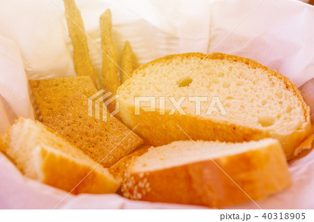 bread assortment on a white cloth in a basket 40318905