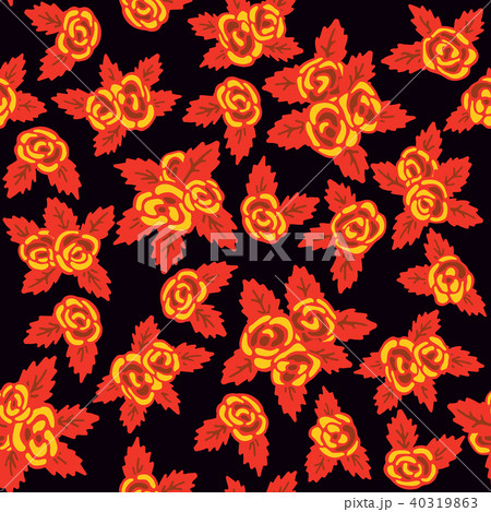 Colorful seamless pattern. Hand drawn yellow roses on dark background. Khokhloma design 40319863