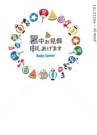 日本の夏の風物詩素材のリース、暑中見舞いイラスト 40332701