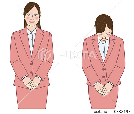 お辞儀をするスーツの女性 中間タイプ ピンク のイラスト素材