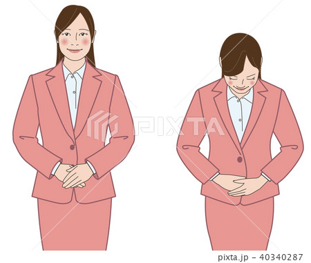 お辞儀をするスーツの女性 韓国タイプ ピンク のイラスト素材