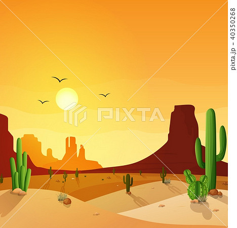 Desert Landscape With Cactuses On The Sunset Backgのイラスト素材