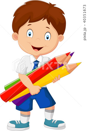 Cartoon school boy holding colorful pencils Cartoon school boy holding colorful pencils 40351673
