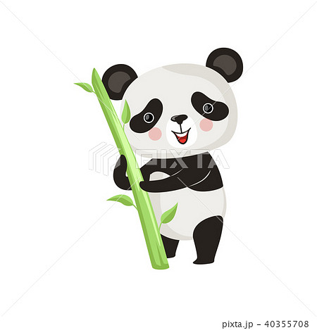 Smiling panda standing with green bamboo stick. Cartoon character of black and white exotic bear 40355708