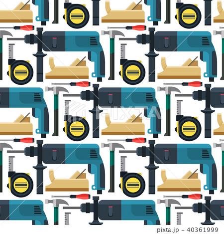 Construction man and building tools carpenter industry worker equipment seamless pattern background 40361999