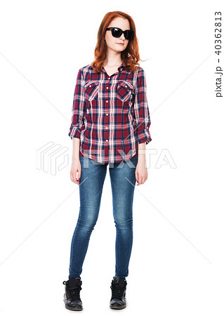 Young red-haired girl in plaid shirt in full Young red-haired girl in plaid shirt in full 40362813
