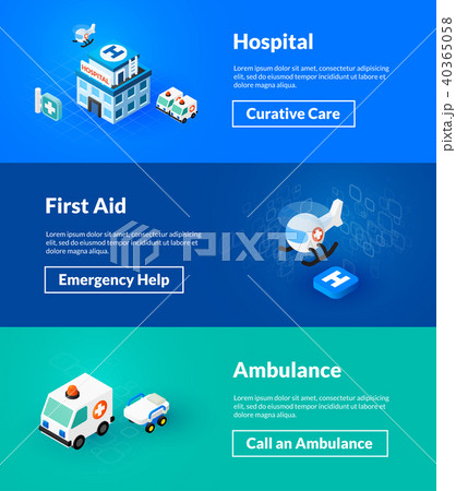 Hospital first aid and ambulance banners of isometric color design Hospital first aid and ambulance banners of isometric color design 40365058