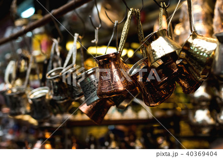 Turkish coffee pots, also know as ibrik, cezve, and briki in a street maket 40369404