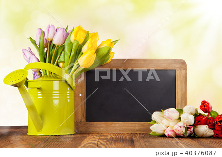 Colored tulips on wood 40376087