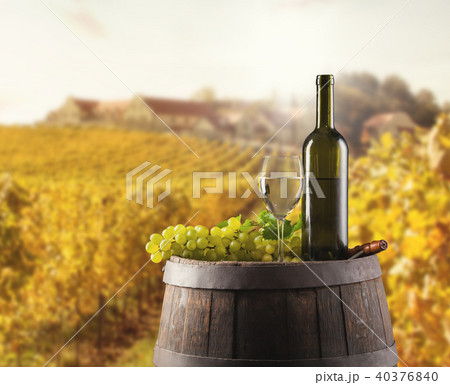 White wine bottle and glass on wodden keg White wine bottle and glass on wodden keg 40376840