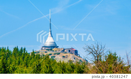 Jested - unique architectural building. Hotel and TV transmitter on the top of Jested Mountain 40381247
