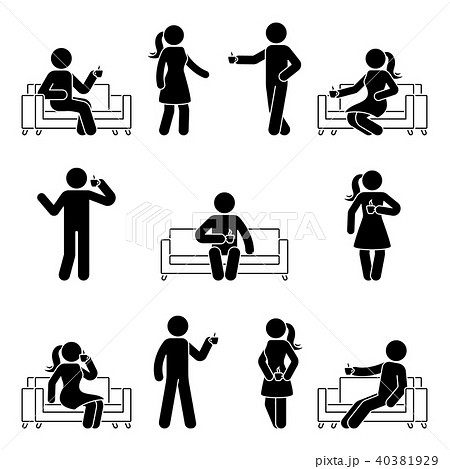 Stick figure man and woman relaxing on sofa set Stick figure man and woman relaxing on sofa set 40381929