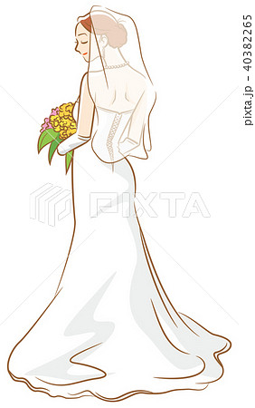 ウェディングドレスを着ている新婦のイメージイラスト 後ろ姿 ベールありのイラスト素材