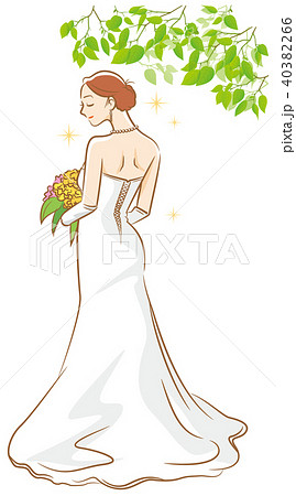 ウェディングドレスを着ている新婦のイメージイラスト 後ろ姿 木陰のイラスト素材