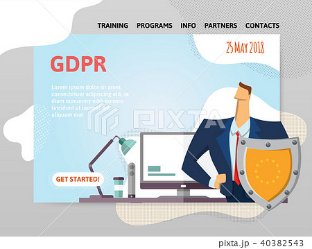 GDPR date. General Data Protection Regulation. Man with a shield in front of computer. Design 40382543