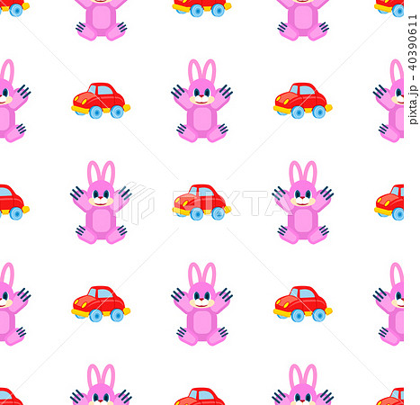 Pink Hares and Red Cars Seamless Pattern on White Pink Hares and Red Cars Seamless Pattern on White 40390611