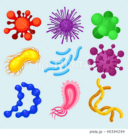 Flat vector set of different types of microorganisms. Disease-causing viruses. Objects related to Flat vector set of different types of microorganisms. Disease-causing viruses. Objects related to 40394294