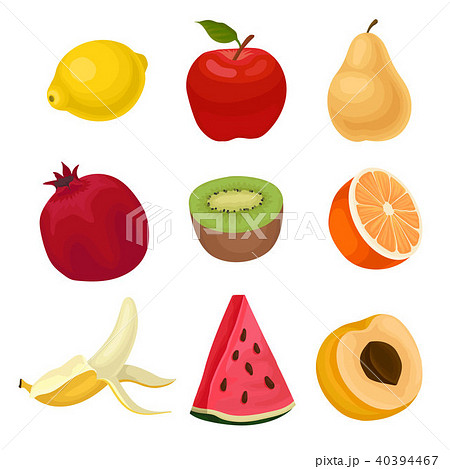 Flat vector set of fresh fruits. Sweet and tasty food. Organic and ripe products. Elements for juice 40394467