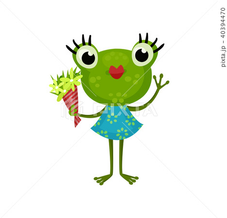 Cute girl frog standing with bouquet of flowers. Humanized toad with red lips and long eyelashes Cute girl frog standing with bouquet of flowers. Humanized toad with red lips and long eyelashes 40394470