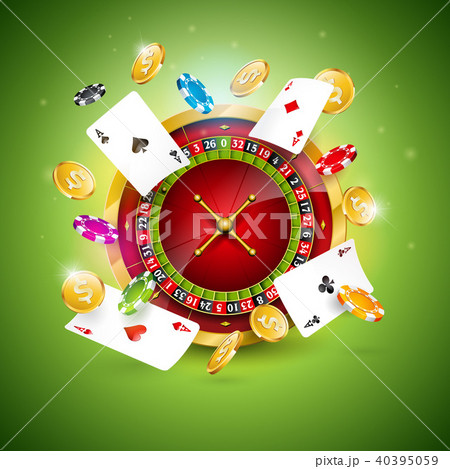 Vector illustration on a casino theme with roulette wheel, poker cards and playing chips on green 40395059