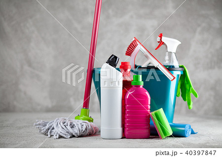 Cleaning supplies on grey background Cleaning supplies on grey background 40397847