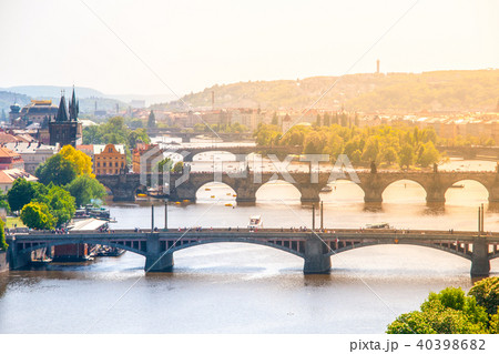 Bridges of Prague over Vltava River on sunny summer day. Scenic view from Letna. Prague, Czech 40398682