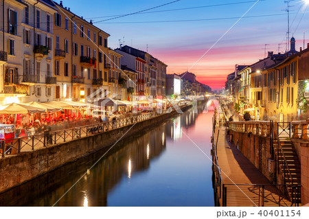Milan. Canal Naviglio Grande at sunset. 40401154
