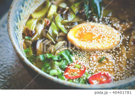 Ramen Soup in Bowl. Rich flavour chicken broth Ramen Soup in Bowl. Rich flavour chicken broth 40401781