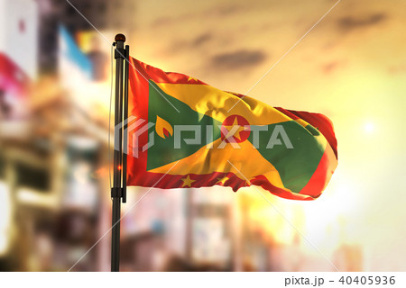 Grenada Flag Against City Blurred Background 40405936