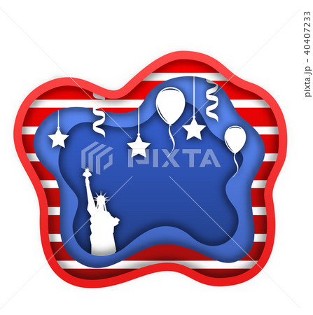 Fourth of July Independence Day of the USA, Statue of Liberty, Ballons, Confetti. Cut Paper Style 40407233