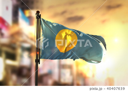 Palau Flag Against City Blurred Background Palau Flag Against City Blurred Background 40407639