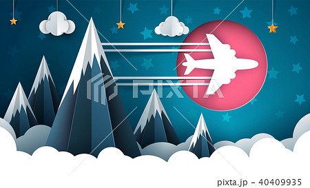 Airplane illustration. Cartoon cloud, star, mountain landscape. Airplane illustration. Cartoon cloud, star, mountain landscape. 40409935