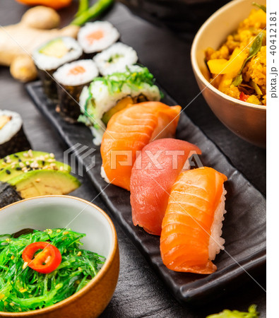 Japanese sushi pieces served on stone 40412181