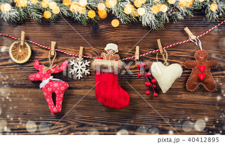 Christmas decoration placed on wooden planks Christmas decoration placed on wooden planks 40412895