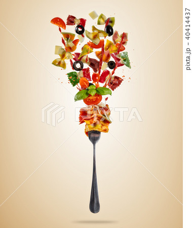 Concept of flying food with fork and traditional italian farfalle pasta 40414437